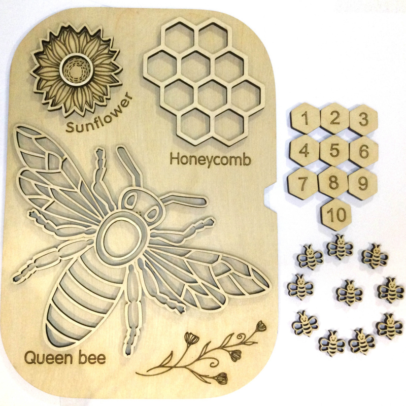 Birch BEE board with wooden bees and number tiles