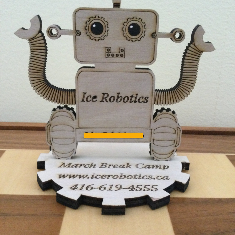 Personalized Wooden Robot Toy on a gear stand